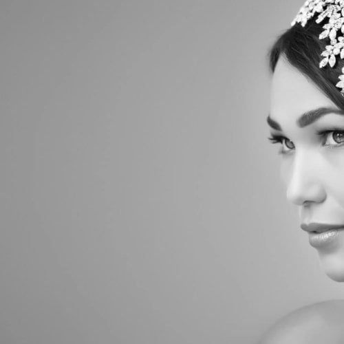 Black & white bridal portrait with floral headpiece